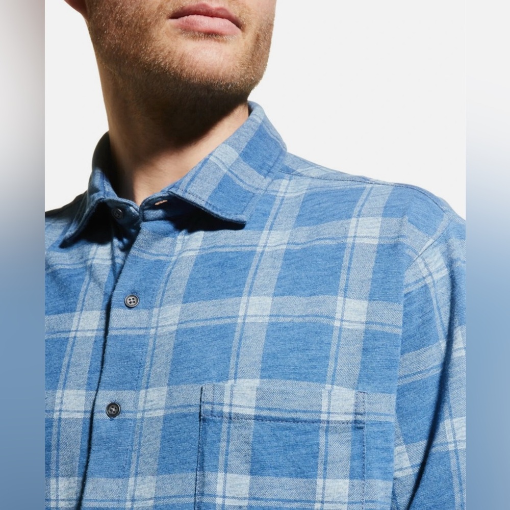 Peter Millar Larimer Indigo Knit Plaid Long sleeve Cotton Button Shirt XXL